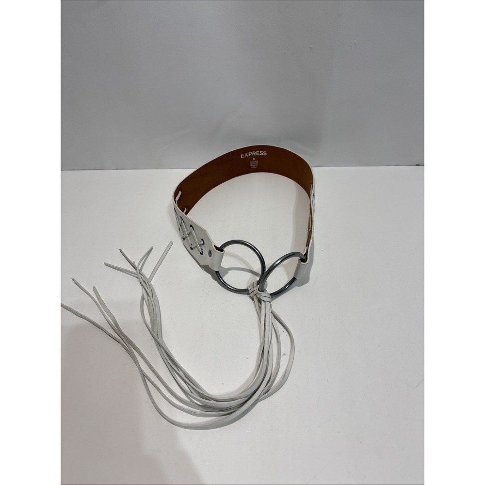 Express White Leather Tie Fringe Belt Medium W/Braided Design & Metal Loops